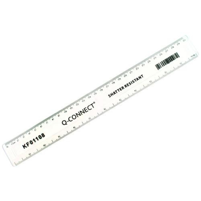 Q-Connect Ruler Shatterproof 300mm Clear Inches on one side and cm-mm on the other KF01108