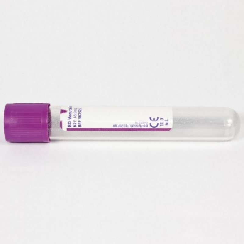 BD Medical 367864 Vacutainer K2 Edta PET Tube for Hematiology 6 ml Purple Cap 13 mm Diameter Pack of 100 Transparent Label 100 mm Length